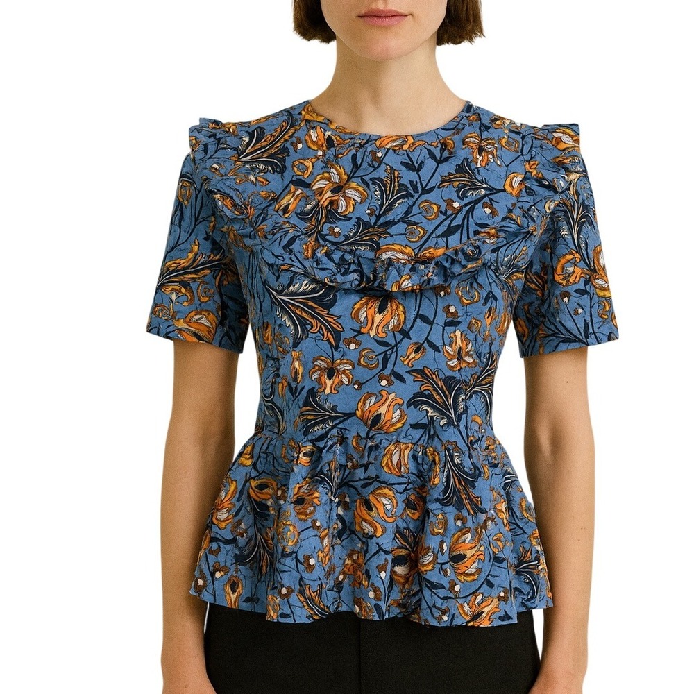 Zara Boho Floral Ruffle‎ Peplum Top Blue Orange Size S Short Sleeve Blouse